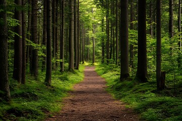 Fototapeta premium Path leading through dense green forest with tall trees, sunlight peeking through the canopy.
