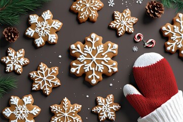 Fototapeta premium Unique Gingerbread Snowflake and Mittens Cookies Mockup Template for Winter Arts