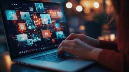 A person typing on a laptop displaying a digital interface with various media content.
