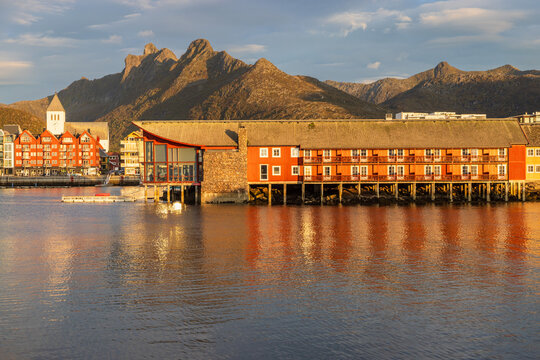 Traditional robu or fishing cabins ar sunrise in Svolvaer, Lofoton Islands, Norway.