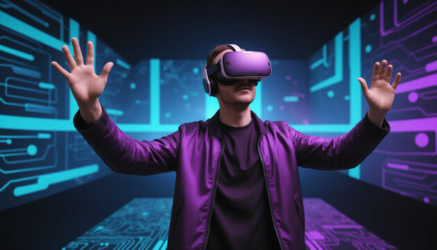 Hombre con casco de realidad virtual en el metaverso ciberpunk