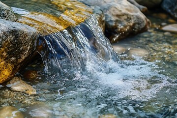 Closeup of a small waterfall with rocks and pebbles, natural water stream flowing down