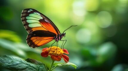 Fototapeta premium A vibrant butterfly perched on a colorful flower, set against a soft, blurred background.