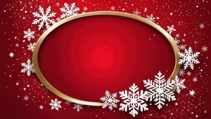 A festive red background with white snowflakes and a gold oval frame for holiday greetings.