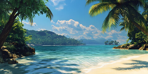 Fototapeta premium beach with palm trees and sea, ai generated.