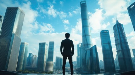 A Chinese businessman stands tall, gazing towards the future in front of towering city skyscrapers. The cinematic blue sky reflects his determination and ambition. -