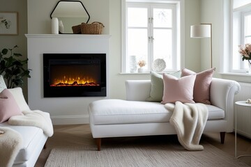 Fototapeta premium Scandinavian Cozy Living Room with White Chaise Pastel Pillows Shearling Blankets and Electric Fireplace