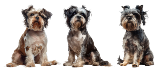 Three adorable small dogs of different breeds sit patiently side-by-side showcasing their unique fur patterns and personalities