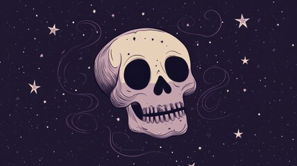 Playful skull illustration with stylized features, surrounded by tiny stars and swirls for a fun Halloween theme