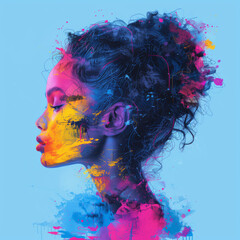 Silhouette of Beautiful African American Woman   Artwork ,Woman Head with  colorful graffiti,pop art style illustration on blue background