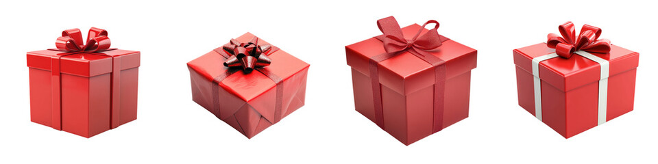 Collection of red gift boxes with bows on transparent background