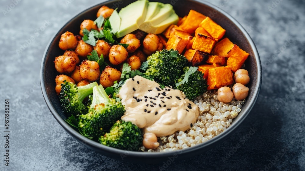 Wall mural Vegan Buddha Bowl. A hearty bowl with a base of brown rice or quinoa, topped with roasted sweet potatoes, chickpeas, steamed broccoli, avocado, and a drizzle of tahini sauce