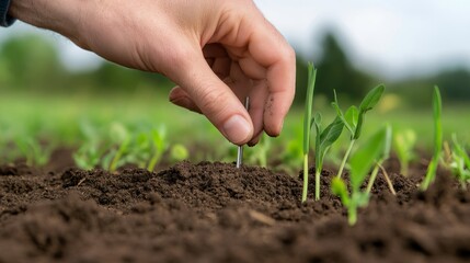 The image should focus on a sustainable agricultural or environmental setting, featuring a scientist or farmer measuring soil quality with modern tools such as a soil sensor or moisture gauge.