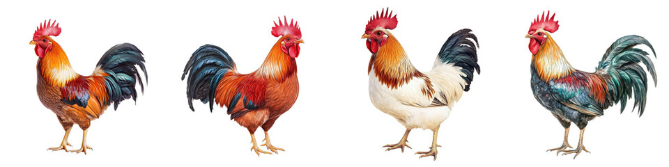 Fototapeta premium Colorful roosters isolated on a transparent background