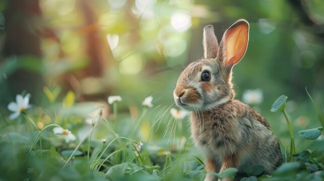 A cute brown rabbit sits in a field of green grass and white flowers with the sun shining through the trees.