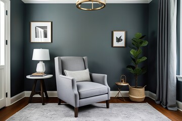 Contemporary Minimalist Study Room Design Featuring Grey Linen Armchair