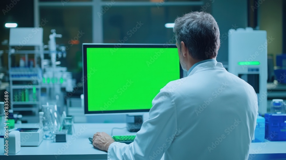 Poster a scientist working at a computer in a laboratory setting with a green screen display.