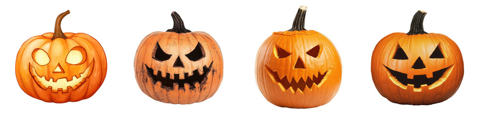 Four distinct Jack-o'-lanterns with varied expressions, isolated on a transparent background