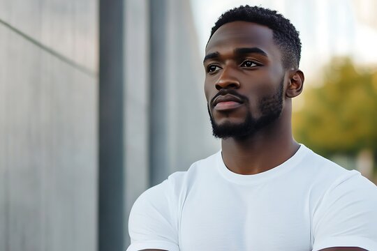 Handsome young man posing outdoors looking away