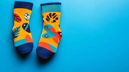 A pair of colorful, patterned socks on a blue background.