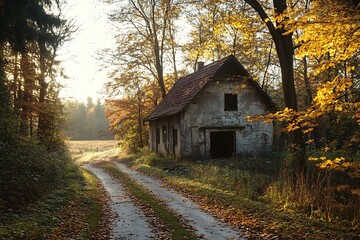 Obraz premium Abandoned House in the Woods with Autumn Foliage