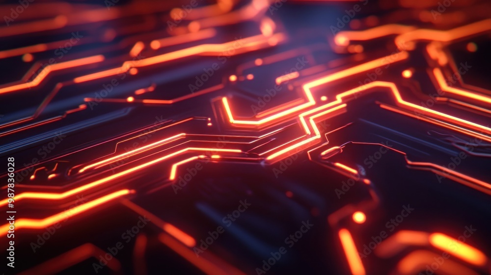 Poster abstract circuitry design with glowing orange lines on a dark background.
