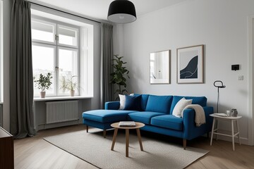 Fototapeta premium Scandinavian Studio Apartment Living Room Featuring Blue Sofa and Minimalist Design