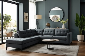 Modern Chic Lounge Featuring Charcoal Grey Sectional Sofa and Expansive Window Design