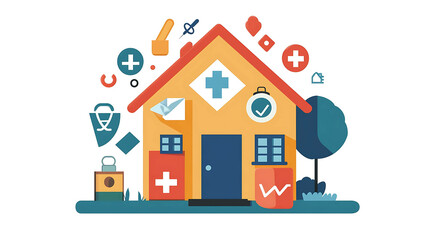 Fototapeta premium Illustration of a yellow house with red roof and a medical cross.