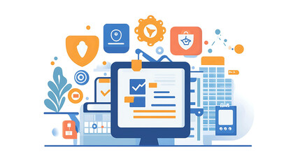 Illustration of a computer monitor with a chart and data report, surrounded by security icons and a building.