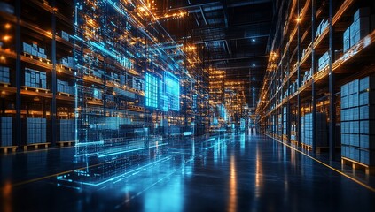 digital warehouse with electronic grids connected to a bar code scanner. 