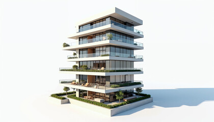 A 3D luxury apartment building showcases modern design and elegance on a white background.