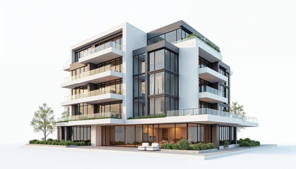 A 3D luxury apartment building showcases modern design and elegance on a white background.