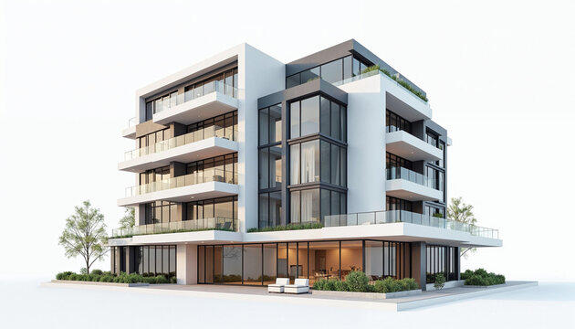 A 3D luxury apartment building showcases modern design and elegance on a white background.