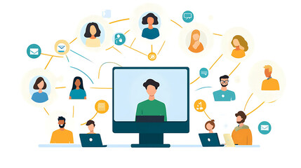 Illustration of people connected in a network through a computer screen.