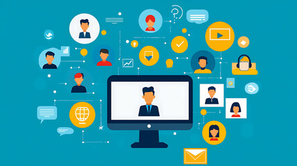 Illustration of a computer monitor connected to various people icons, representing a social network or online community.