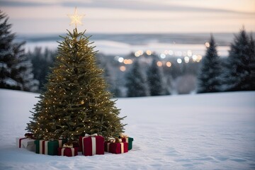 Glowing Christmas Tree in Soft Focus Winter Wonderland