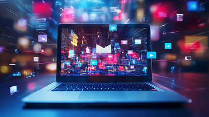 Fototapeta premium Laptop with glowing city background and email icon. Technology, digital, communication.