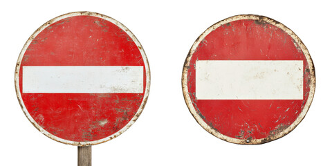 Red no entry signs with weathered surfaces, isolated on a transparent background
