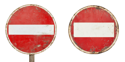 Red no entry signs with weathered surfaces, isolated on a transparent background