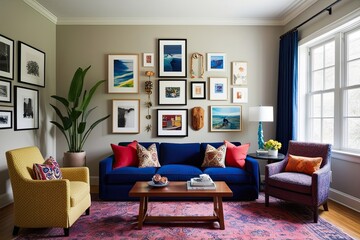 Stylish Eclectic Living Room with Vibrant Navy Blue Sofa and Stunning Gallery Wall
