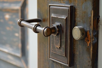 Antique round door handle and lock on wooden door, concept of safety, security and access