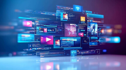 A 3D illustration of digital screens with code and video interfaces.