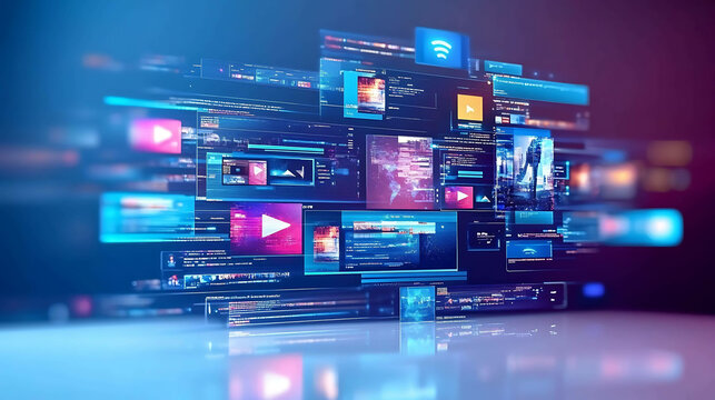 A 3D illustration of digital screens with code and video interfaces.