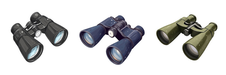Three pairs of binoculars on a transparent background