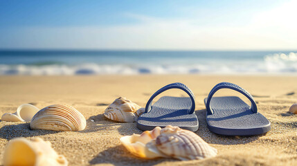 Blue flip flops on the beach with seashells.