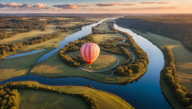 Fond paysage montgolfi&egrave;re vol ballon color&eacute; rivi&egrave;re fleuve vue haut voyage festival.