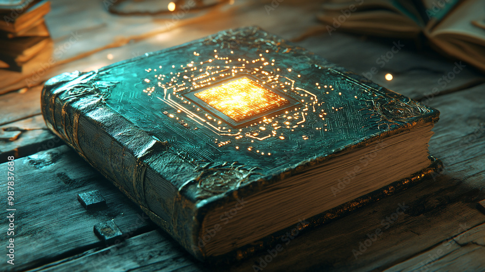 Poster a microchip in an advanced spellbook. glowing as it activates ancient magic.