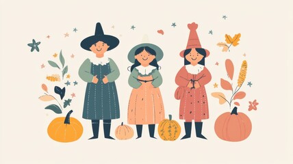 Fototapeta premium Flat design of pilgrim characters in traditional attire, surrounded by festive elements like corn and pumpkins for Thanksgiving