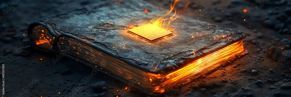 Poster a microchip in an advanced spellbook. glowing as it activates ancient magic.